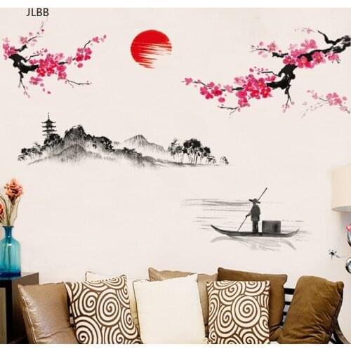 Plum Sunrise landscape Chinese style art Wall Stickers Living room Bedroom background for home decoration Mural Decals wallpaper