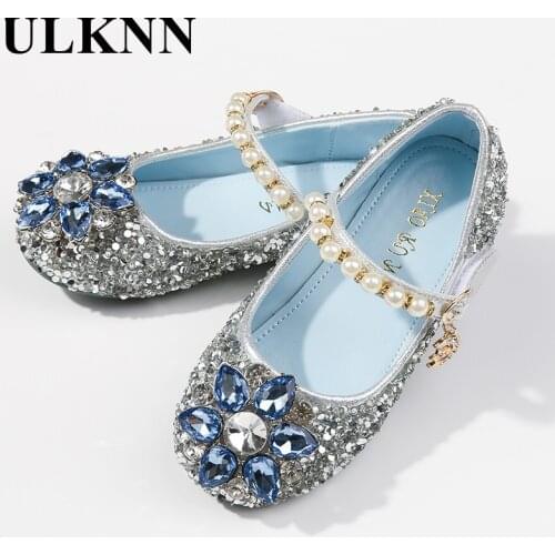 ULKNN Girls Leather Shoes Princess Sequins Rhinestone Blue Shoe Kids Show New Kids Single Crystal Shoes Size 25-38