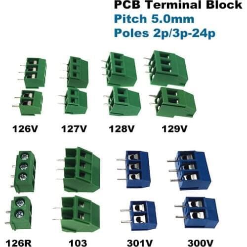 100Pcs PCB Screw Terminal Block Pitch 5mm Straight Wire Cable Connector Right Angle Pin 2P 3P Morsettiera 10-20A 1.5/2.5mm2