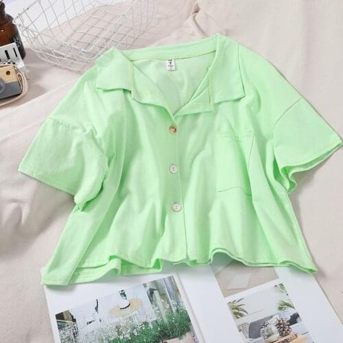 2021 Women Knit Cropped Polo Shirts Female Button Front Short Top Summer Streetwear Casual Polo Pocket Plus Size Shirt