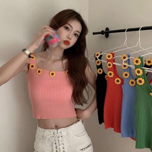 Women\s Daisy Square Collar Solid Sexy Sleeveless Knitted Camis Crop Tank Top 2020