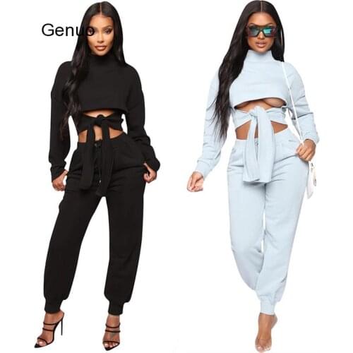 Autumn 2 Piece Outfits For Women Turtleneck Long Sleeve Casual Suits Short T Shirt And Boot Pant Outfits Wholesale Dropship