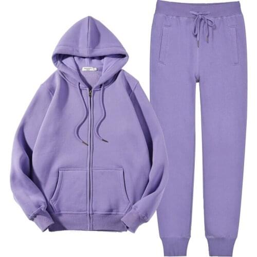 Women 's sweater suit zipper cardigan plus velvet inside hooded casual hoodies and casual pants 2 - piece set