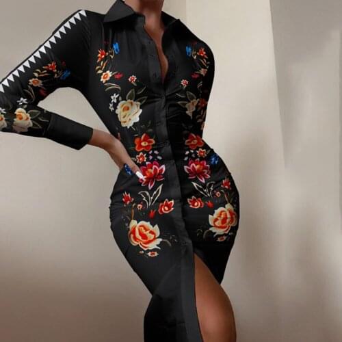 Women Print Shirts Midi Dress Spring Autumn Turn-down Collar Button Long Sleeve Dresses Fashion Slim Cardigan Lady Party Dress