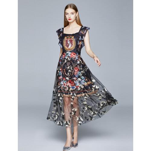 Elegant Print Flower Embroidery Patchwork Party Dress Women Summer Butterfly Sleeve Long Dress Vintage Chic Mesh Dresses vestido
