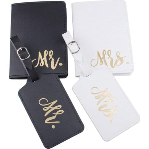 1Set PU Leather Luggage Tag Mr./Mrs. Passport Case Wallet for Couples Honeymoon