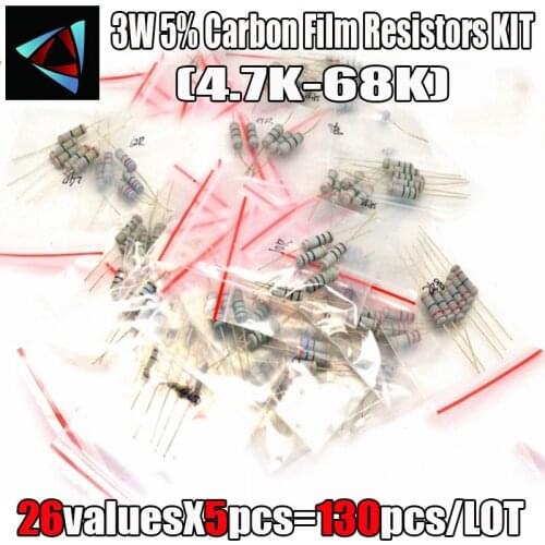 130Pcs 3W 5% 4.7K~ 68Kohm 26Values*5pcs Carbon Film Resistors 5% Metal Oxide Film Resistor kit