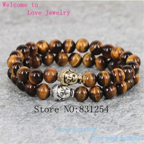 2pcs/Lot Natural 8mm Tiger Eye/Lapis Lazuli Stone Bracelet Buddha Head Charm Bracelet Yoga Mala Buddha Bracelet