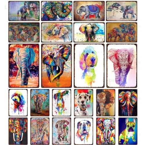 Abstract Graffiti Color Animal Metal Plaque Elephant Pet Dog Metal Tin Sign Iron Painting Wall Sticker Living Room Decoration