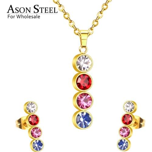 ASONSTEEL Necklace Sets Colorful Round Cubic Zirconia Pendant Necklace Fashion Stud Earring Fashion Jewelry Women Party Gift