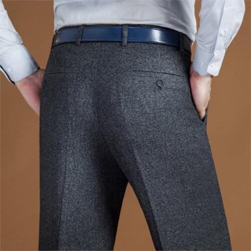 2021 New High Waist Wool Men Casual Pants Classic Straight Loose Pleated Black Suit Pant For Men Formal Trousers Mens Size