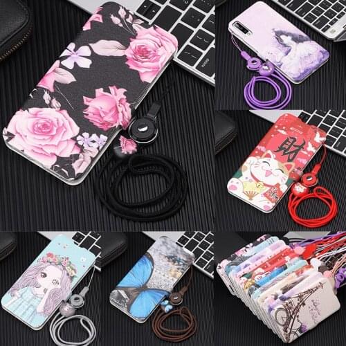 Cute Painted Flip Wallet Stand Cover For Huawei P Smart FIG-LX1 FIG-L21 P Smart Plus INE-LX1 INE-LX2 Back Cover With Strap Capa