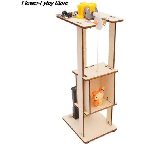 Wooden Elevator Function Principle Toys DIY Assembled Electric Lift Toys for Children Science Experiment Material Kits 1PC