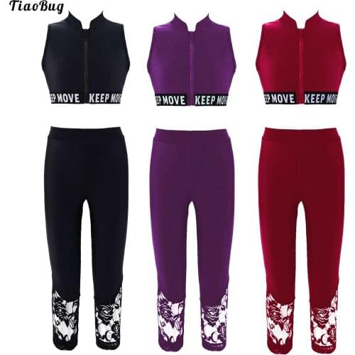 Kids Girls Stylish Dancing Lace Patchwork Clothes Set Sleeveless Zipper Front Hollow Back Letter Print Crop Top With Pants