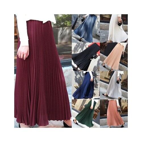 Long Skirt For Women High Elastic Waist Pleated Skirts Solid Maxi Skirt