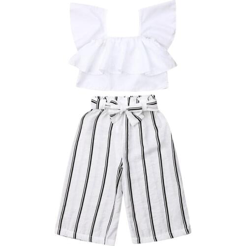 Boutique childrens clothing Toddler Baby Girls Clothes Crop Ruffle Sleeve Top Stripe Pants2pcs Summer Outfit