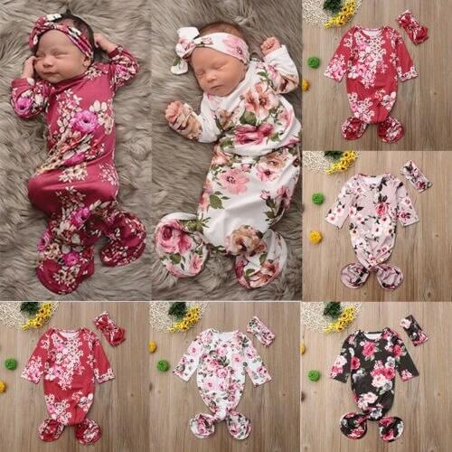Focusnorm Infant Baby Flower Swaddle Warp Blanket Sleeping Bag Headband Outfit