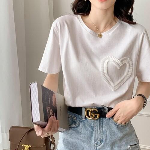 Real Price Love Splicing Short Sleeve T Shirt Womens Summer Cotton Foreign Style Aging Loose INS Tide