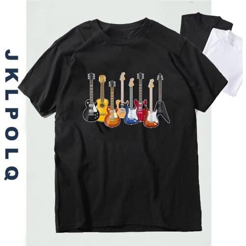 JKLPOLQ Summer T Shirt For Men Cool Street Style Cotton 8 Guitars Printing Short Sleeve Harajuku Tee EU Size XS-3XL