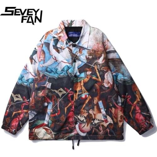 SEVEYFAN Mens Retro Jackets Funny Pattern Canvas Jacket Hip Hop Autumn Streetwear Coat for Couples