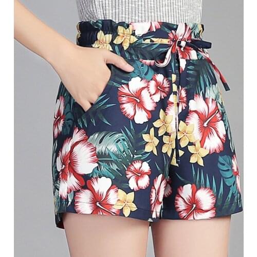 Summer Fashion Women Floral Pattern Colored Ruffle Elastic High Waisted Cotton Shorts , Loose Slim Female Woman Flower Shorts