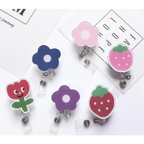 Cute Flower Strawberry Retractable Badge Holder for Nurses Porta Credencial Name Tag id Card Holder Lanyards Badge Reel Clip