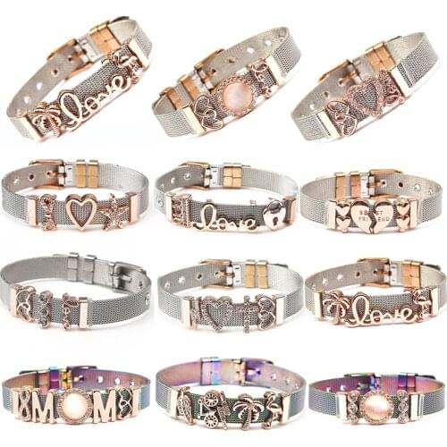 TOGORY Fashion Jewelry LOVE Bead Bracelet With Gold Slide Charm Stainless Steel Mesh Bracelet Bangle As Women Gift Dropshipping