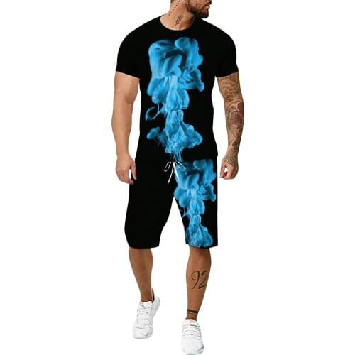 Mens Smoke Pattern Sportswear Summer Short Sports Suit Brand 3d Printed T-shirt Shorts Gym Beach Pants Jogging Mens Leisure