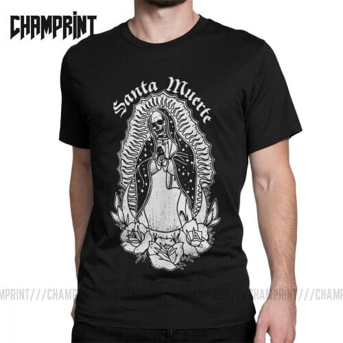 Mens T-Shirts Santa MuerteT Shirt Saint Death Cotton Tee Short Sleeve Goth Mexican Death Muertos Mother Skull Tops Plus Size