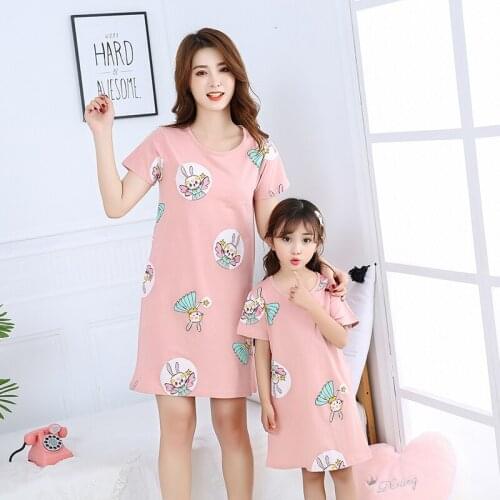 Summer Girls Nightgown Pajamas kids Short Sleeved Nightdress Cute 100% Cotton Child Baby Sleeping Wear Family Matching Dresses