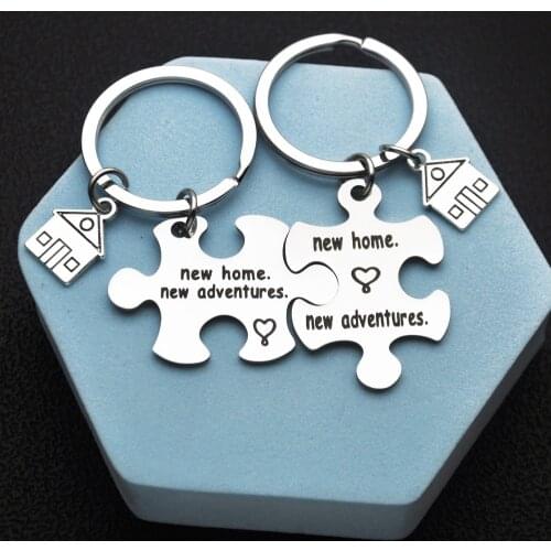 FIMAODZ New Home Keychain New Adventures Creative Stainless Steel Puzzle Piece House Model Pendant Key Chains Holder Gift