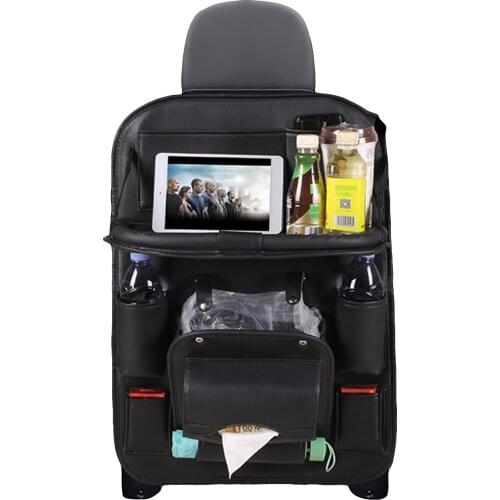 Car Backseat Organizer With Folding Tray Trash Bag Pocket PU Leather Car Organizer Bag Seat Back Protector Car Seat Bag