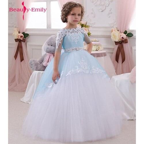 White Ivory Flower Girl Dresses Ball Gown Blue Tulle Appliques Belt Bow Lace Wedding Party Girl Prom Dresses
