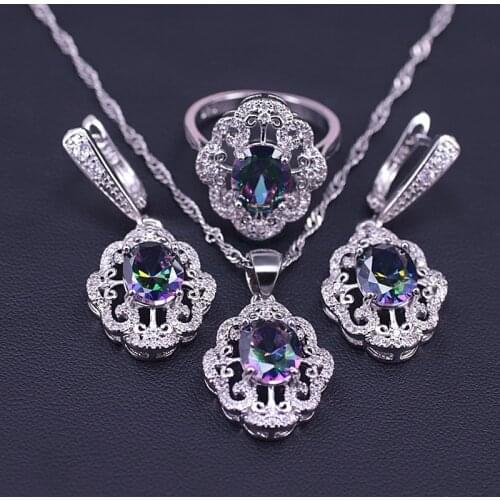 Silver 925 Jewelry Egg Square Rainbow Zircon Jewelry Set For Women Earrings Ring Necklace With Pendant In Store Big Sale