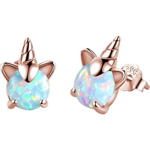 925 Sterling Silver Unicorn Stud Earrings For Women Creative Animal Jewelry Vintage Fashion Rose Gold Color White Opal Earrings