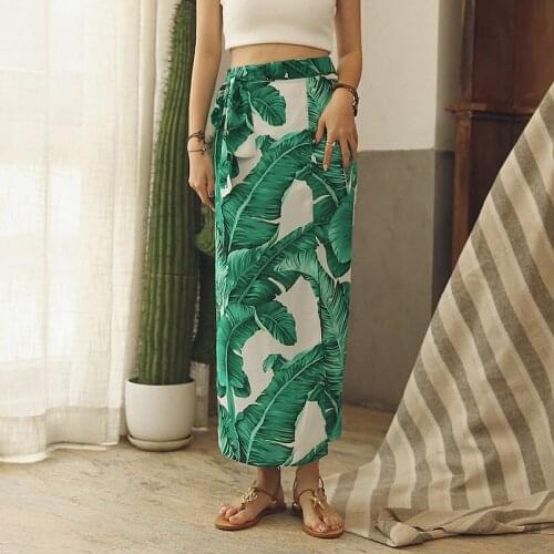 Women Summer Fashion Plus Size High Waist Side Slit Wrap Skirt Ladies Maxi Long Straight Green Leaf Pring Vacation Beach Skirts