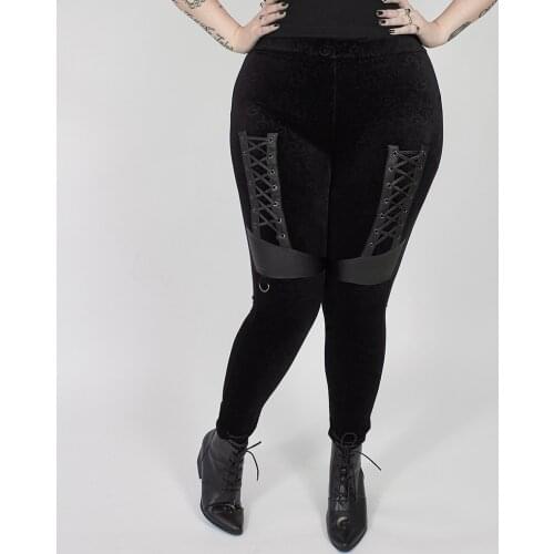 PUNKRAVE Womens Gothic Dark Silhouette Vase Velvet Leggings Daily Wear Imitation Leather Splicing Skinny Trousers