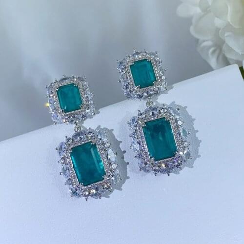 Luxury 100% 925 Sterling Silver Paraiba Tourmaline Created Moissanite Gemstone Wedding Party Dangle Earrings Studs Fine Jewelry