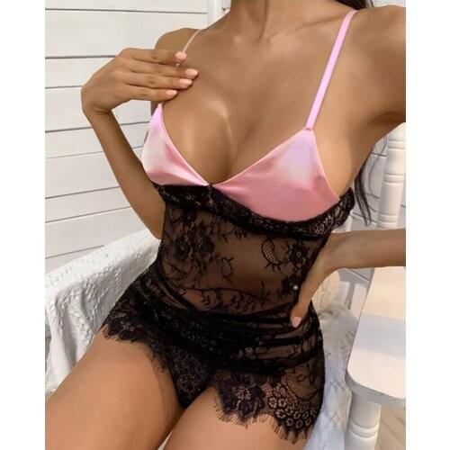 Women Sexy Lace Bandage Set Hollowed Out Floral See Through Bandage Babydoll Dress + Thong Erotic Costumes S-XL