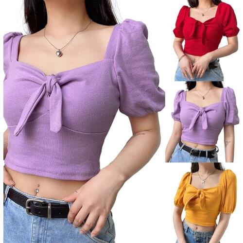 New Women Bowknot Puff Short Sleeve Slim Fit Knit Crop Tops Solid Color Square Neck T-Shirts Red Yellow Purple Casual Sweet