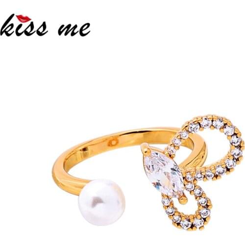 Kissme Exquisite Zircon Acrylic Pearl Cocktail Opening Rings For Women Gifts Gold Color Brass 2019 Fashion Jewelry Accessories