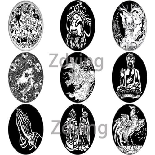 Zdying Beautiful Line Art Tattoo Mask Buddha Oval Shape Glass Picture Cabochons Beads Demo Flat Back Making Jewelry Findings