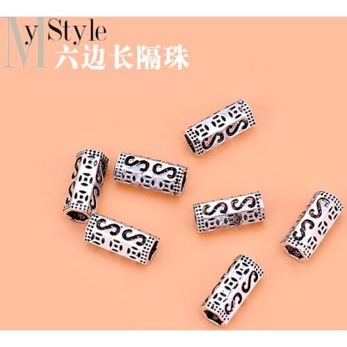 10PCSHand woven DIY material accessories 925 pure silver copper coin six side long separated beads loose beads jewelry accessori