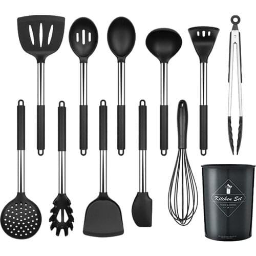 13/14Pcs Stainless Steel Kitchen Utensils Set +Silicone Cooking Utensil Set with Spatula Large Spoon Kitchen Tools Black&red New