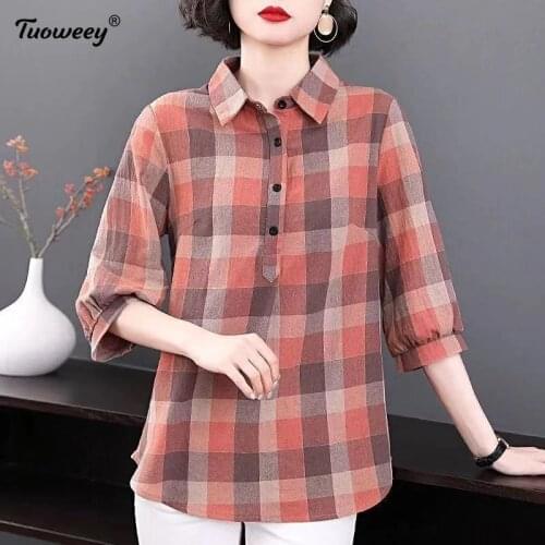 2021 spring summer style New Plaid Shirts half sleeve Womens Blouses Loose Lady Tops Checked Female Clothes Outwear with Pocket