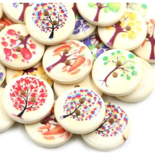 50Pcs 15x15mm Round Buttons Mixed Trees Wooden Button For Scrapbooking Handmade 2-Holes Sewing Buttons Clothes Accessories DIY