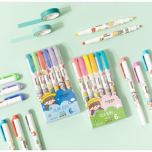 6pcs Cute Cartoon Girl Highlighter Pen Set Dual Side Writing Fine Liner Bold Marker Drawing Paint Art Office School Gift A6910