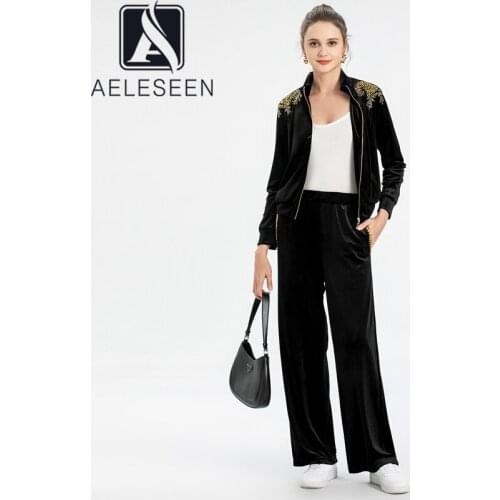 AELESEEN Autumn Winter Velvet Sets 2021 High Quality Casual Black Jacket+Full-Lenght Pants Luxury Beading 2 Pieces Sets