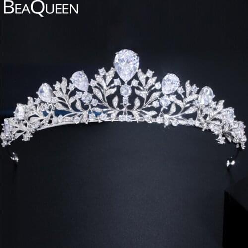 BeaQueen Classic Leaf Water Drop Wedding Hair Accessories Princess Crowns Tiaras Cubic Zirconia Headpiece for Brides H014