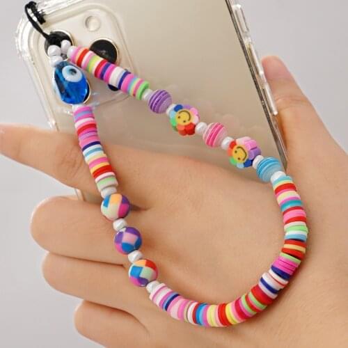 Phone Chain Heishi Beads Hangs Mobile Straps Charm Soft Pottery Beads Chains Evil Eye Smiley Telephone Jewelry 2021